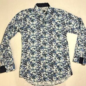 Bogosse Men's Long Sleeve Button Up Dress Shirt Size 2 (S) Abstract Blue Pattern